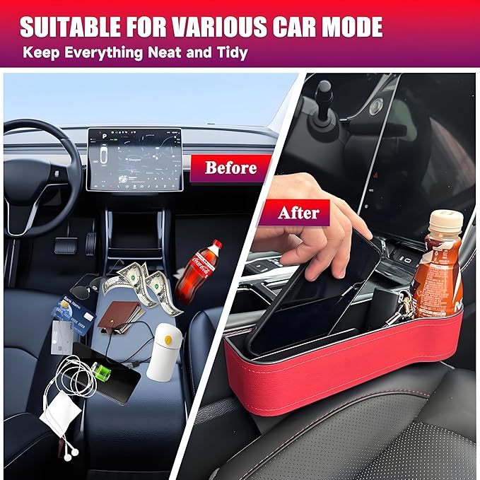 AIUSLN 2026 Upgraded 2 PC (L+R) Premium PU Leather Car Seat Gap Filler Organizer with Cup Holder & Storage Slot/Bag– Fits Front Seat, Holds Phone, Glasses, Keys,Car/SUV/Truck Essentials Gifts