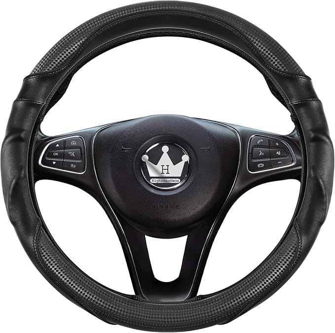 3D Car Steering Wheel Cover Comfort Grip Massage Sporty Anti-Slip Carbon Fiber Faux Leather for Sedan SUV, Universal Fit, Car Handle Covers for All Seasons, 14.75-15.15in, Black