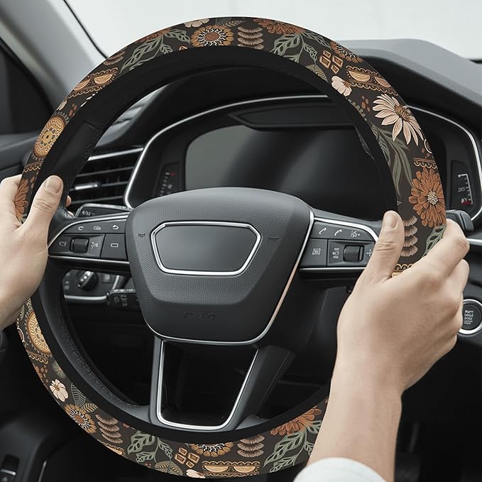 Cute Steering Wheel Cover for Women, Machine Washable Universal 14.5-15.5 inch Non-Slip Grip All Weather Use (Retro Floral)