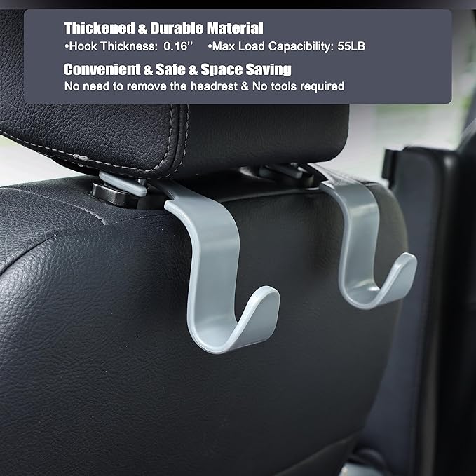 Amooca Car Seat Headrest Hook 4 Pack Hanger Universal Vehicle Car Storage Organizer for Handbag Purse Coat S Type Grey