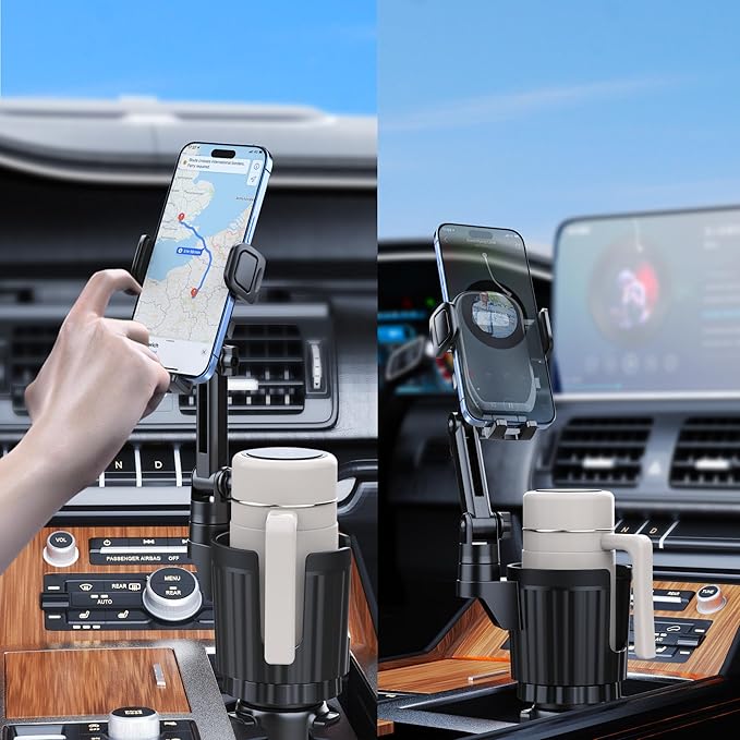 Cup Holder Phone Mount, 2 in 1 Universal Cup Holder Expander with Long Arm 360°Rotation Cup Phone Holder for Car Fits All 4-7” iPhone Galaxy Smartphones and Most Truck Bottles