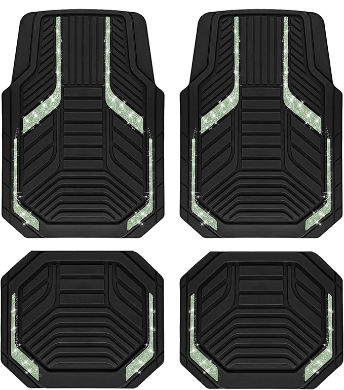 PIC AUTO Car Floor Mats, Green Sparkly Crystal Bling Glitter Car Mats Set, Front and Rear Heavy Duty Rubber Car Mats with Anti-Slip Backing, All Weather, Trim-to-Fit for Automotive SUVs, Sedan, Vans
