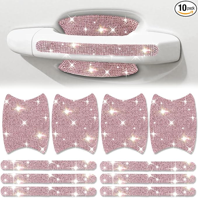 Bling Car Door Handle Protector, 10 PCS, Pink Sparkling Rhinestone Cars Door Protective Cover, Anti-Scratch Auto Handles Sticker, Universal Bling Car Accessories for Women