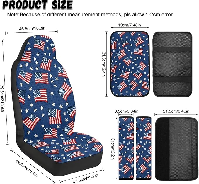 Qeluxign American Flag Star 5 Piece Car Accessories Set with 2 PU Leather Seat Covers, 2 Belt Pads & 1 Armrest Cover Fit for Most Vehicles Easy Install & Clean