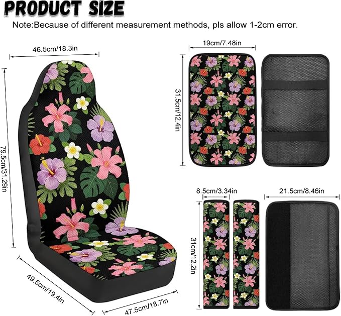 Qeluxign Automotive Seat Covers 5 Piece Universal Car Accessories with Soft 2 Pack Seat Belt Cover Pads and Center Console Armrest Covers for SUV Truck Interior Set,Tropical Hibiscus Floral