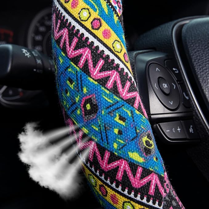 SEG Direct Steering Wheel Cover Handwoven Flax with Geometric Patterns, Anti-Slip & Breathable, Ethnic Style Steering Wheel Protector, Fits 14.5" - 15.25" Wheels