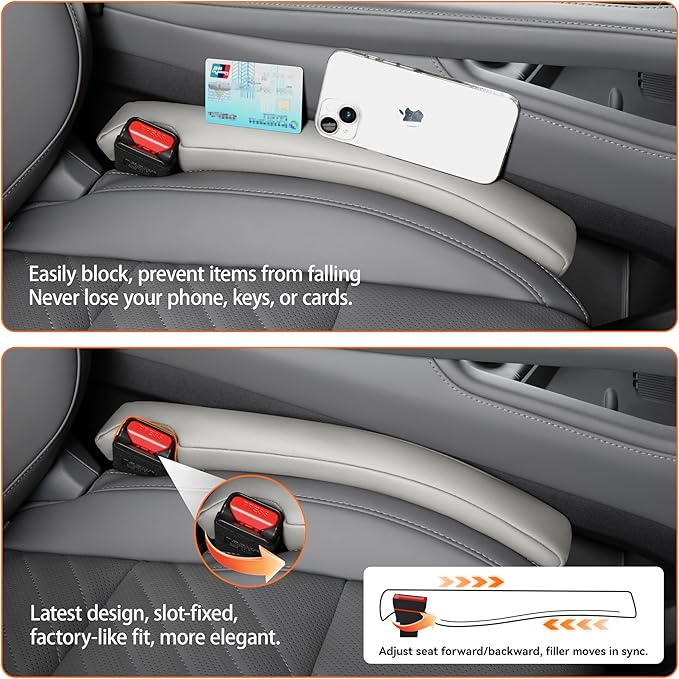 POKSRI Car seat Gap Filler, 2 Pack Leather Gap Organizers Stop Things from Dropping into The Gap Between seat and Console, Adjustable Width 1.4-2.4 inches Fit Most car/Truck/SUV, Accessories(Grey)