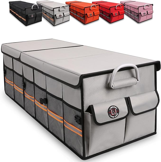 LI LIBZAKI Big Car Trunk Organizer, Cargo Organizer SUV Trunk Storage Non Slip Bottom Waterproof Collapsible Durable Multi Compartments-(Oversize,Gray)