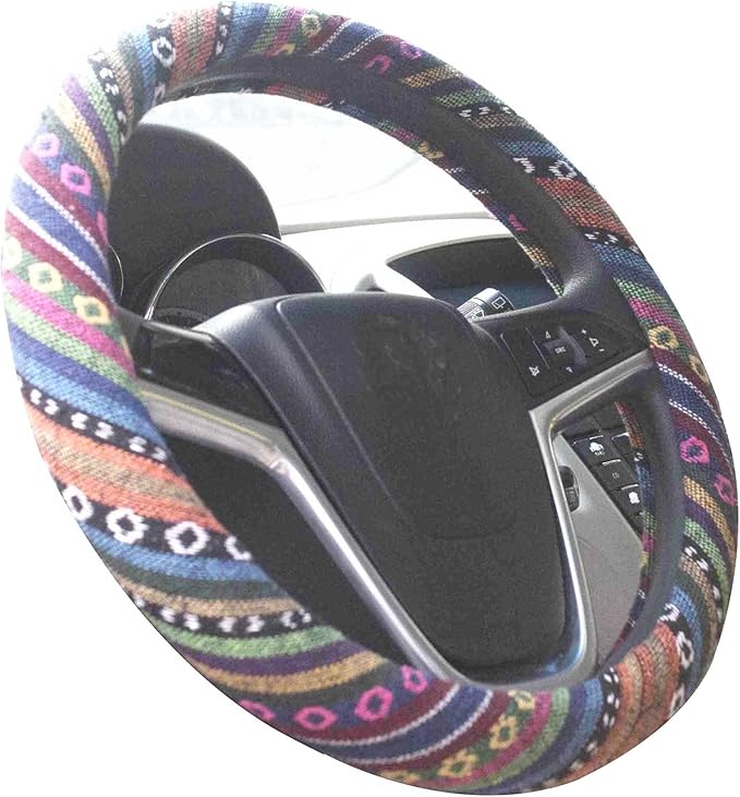 Ethnic Style Coarse Flax Cloth Automotive Steering Wheel Cover Anti Slip and Sweat Absorption Auto Car Wrap Cover (C, 15.25''-16'')