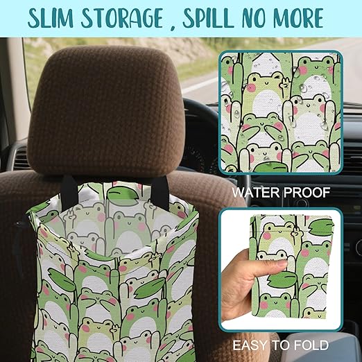 KXWQTRDD Car Garbage Bag Cute Cartoon Frogs Drawstring Car Trash Bag Hanging for Back Seat with Adjustable Buckle Canvas Vehicle Trash Can Easy-to-Install