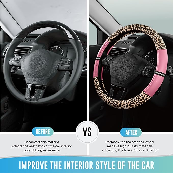 Road Comforts Leopard Steering Wheel Cover - Made with PVC Leather Cheetah Print - Anti-Slip, Universal Fit 14 1/2 inches to 15 inches - Pink