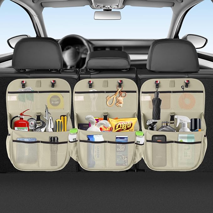 Hanging Car Trunk Organizer and Storage, Premium Faux Leather Large Capacity Storage Accessories, Backseat Car Organizer for SUV/MPV/Truck (1, Beige)
