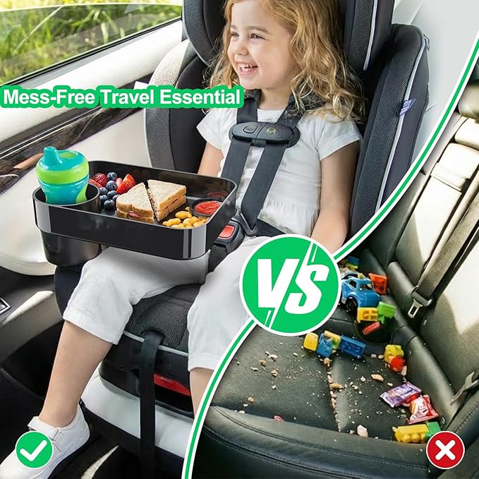 Car Seat Tray for Kids Travel, Carseat Tray for Food Toddler, Car Seat Table Tray, Car Seat Cup Holder Snack Tray for Graco, Evenflo, Chicco, Rotatable Removable Family Road Trip Essentials - Black