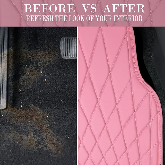 CAR PASS Luxury Faux Leather Floor Mats for Cars, Waterproof All Weather Car Mats Full Set, Anti-Slip Deluxe Automotive Floor Mats Universal Fit for Most SUV,Vans,Sedans,Trucks, 4 Piece Pink