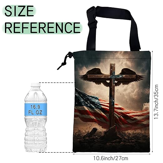 NHNXHWIA Cross with Wings Car Trash Bag,American Flag Hanging Drawstring Car Garbage Bag,Waterproof Canvas Car Back Seat Organizer with Adjustable Buckle,for Vehicles,SUVs,Camping,Road Trips