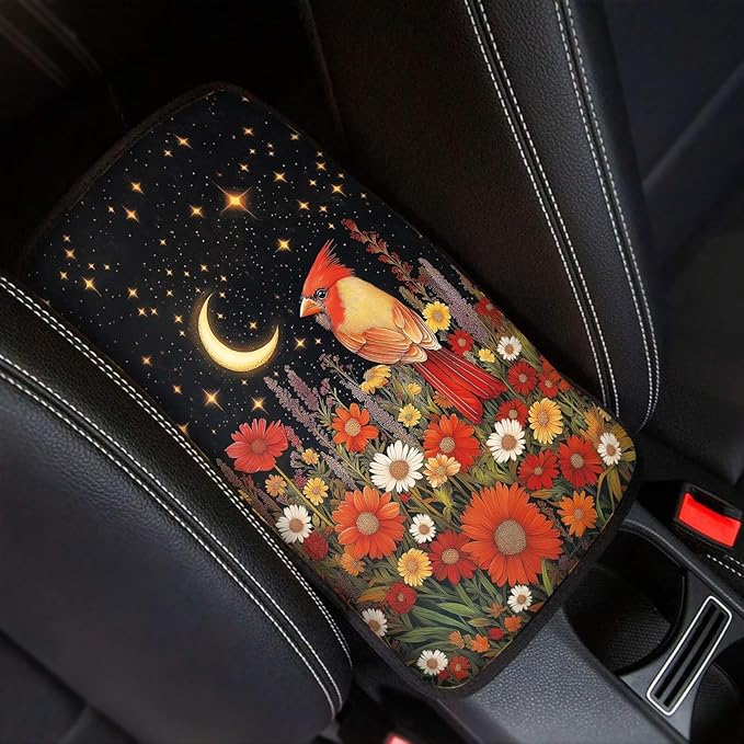 Cardinal Flower Print Armrest Cover Pad for Car Moon Star Print Car Armrest Box Protector Pad Universal Fits for Sedan Truck SUV, Easy to Install Auto Decor for Women Men