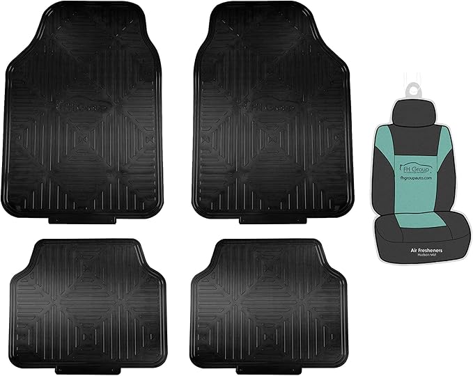 FH Group Car Floor Mats Trimmable Full Black Set Metallic Rubber Heavy-Duty Floor Mats for Cars Combo Small Car Seat Cover Design, Universal Fit - Climaproof™ Floor Mats for Sedan, SUV and Trucks