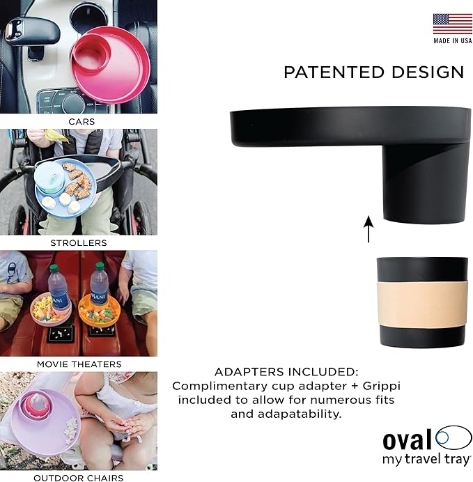 Travel Tray Oval USA Made Extend Your Current Cup Holder to Hold a Cup Plus A Tray for Snacks, Toys and Accessories. Use in a Car Seat, Booster, Stroller, Golf Cart, Outdoor Chair, (Pirate Black)