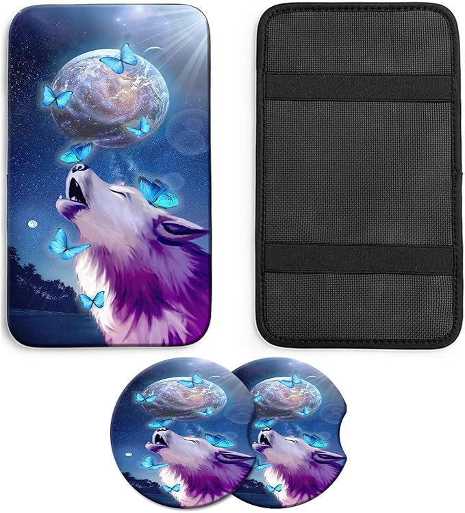JANENFNA Car Armrest Cover Pads Universal Fashion Cute Auto Center Console Armrest Cover Pad with 2PCS Car Coasters Soft Waterproof Car Armrest Seat Protector for Women,Growling Wolf Butterfly