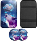 JANENFNA Car Armrest Cover Pads Universal Fashion Cute Auto Center Console Armrest Cover Pad with 2PCS Car Coasters Soft Waterproof Car Armrest Seat Protector for Women,Growling Wolf Butterfly