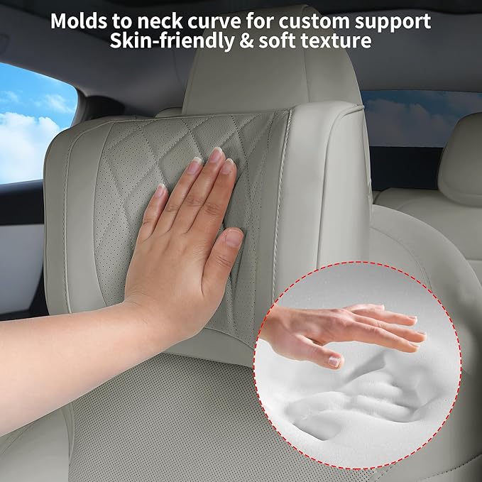 Dapucarin Car Headrest Pillow U-Shaped, Memory Foam Head Neck Support Cushion for Driving, Leather Head Rest Travel Pillows for Sleeping, Breathable Removable Cover, Gray, 1 Pack