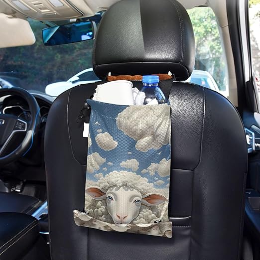 ALAZA Hanging Car Trash Bags Garbage Bag Trash Can for Back Seat Small Sheep 2 Washable Storage Bag Retractable 2 Pack