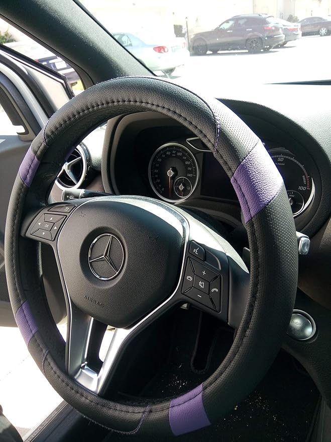 Jdragon Black & Purple PU Leather Best Grip Slip-On Steering Wheel Cover 14.25-15" Diameter