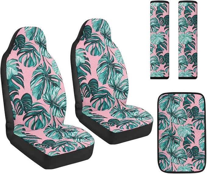 Qeluxign Monstera Leaf Car Seat Cover Set with Armrest Cover Cushion PU Automotive Car Cover and Seat Belt Shoulder Straps Pad, Universal Fit for Truck Sedan SUV, Pack of 5