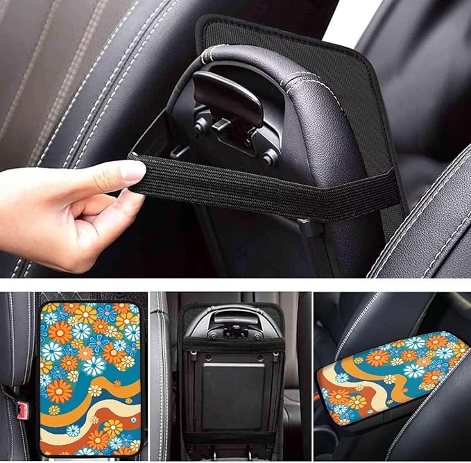 Hippy Floral 70s Car Armrest Cover Pad for Women Breathable Soft Center Console Arm Rest Protector Cover Universal SUV Vehicle 70s Car Accessories