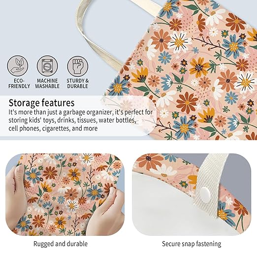 AUEKLLW Car Trash Can, Hanging Garbage Bin for Men and Women, Cute Car Organizer and Storage Bag, Canvas Vehicle Trash Can Bag Easy-to-Install Cute Orange Floral