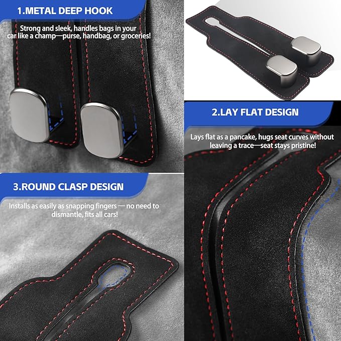 2Pcs Car Hooks for Headrest, Car Seat Hooks Purse Hook, Double Flexible Leather Hooks Car Accessories Interior for Women Men, 2 in 1 Back Seat Hook Car Organizer for Bags, Purses, Handbags (Black)