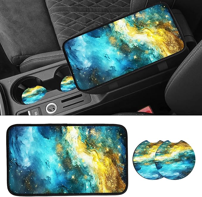 JANENFNA Car Armrest Cover Pads Universal Fashion Cute Auto Center Console Armrest Cover Pad with 2PCS Car Coasters Soft Waterproof Car Armrest Seat Protector for Women,Blue Starry