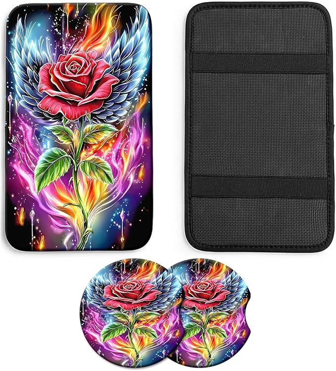 JANENFNA Car Armrest Cover Pads Universal Fashion Cute Auto Center Console Armrest Cover Pad with 2PCS Car Coasters Soft Waterproof Car Armrest Seat Protector for Women,Winged Rose