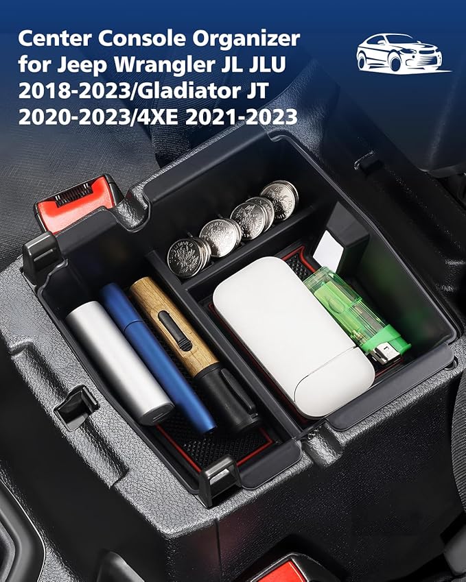 FIILINES Center Console Organizer for Jeep Wrangler JL JLU 2018-2024/ Gladiator JT 2020-2023/ 4XE 2021-2023, Center Console Tray Secondary Armrest Storage Box ABS Insert Container with Anti-Slip Mats