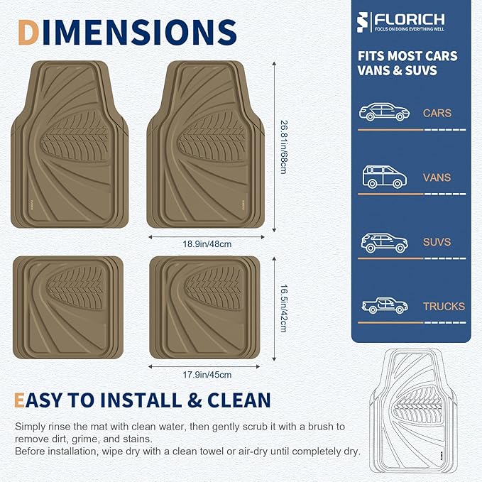 FLORICH Car Floor Mats, Waterproof Universal Heavy-Duty 4 Pieces Rubber Floor Mats for Cars, Full Set Car Mats with Anti-Slip Backing Fit for Most SUV, Vans,Trucks, Sedan(Beige)