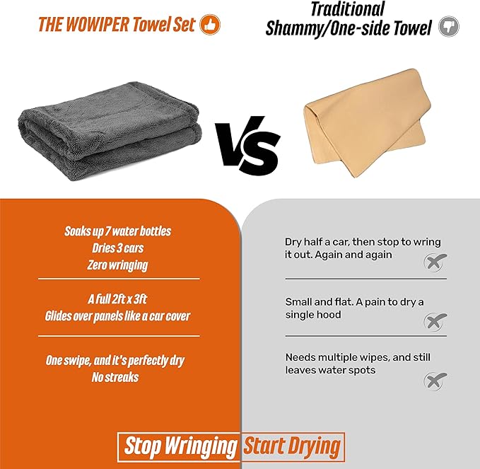 WOWIPER 24"x36" 15.7"x15.7" Twisted-Loop Car Drying Towel Set, 1300GSM,Lint Free,Reusable,Streak Free, - Car Accessories,Bath Towels,Microfiber Cleaning Cloth for Car, Truck, SUV