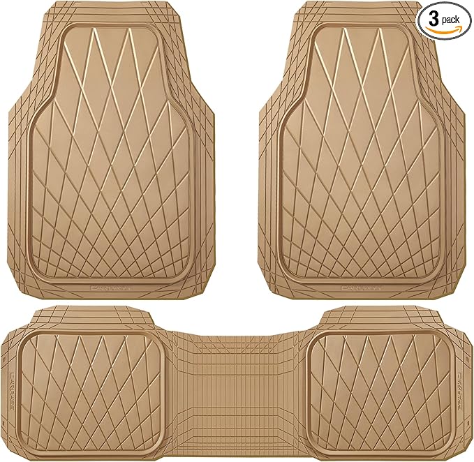 CAR PASS Heavy Duty Rubber Car Floor Mats, Deep Dish All Weather Car Mats Full Set, 3 Piece Waterproof Premium Anti-Slip Floor Mats Rugs Universal Trim to Fit for 95% Sedan SUV Van Truck, All Beige
