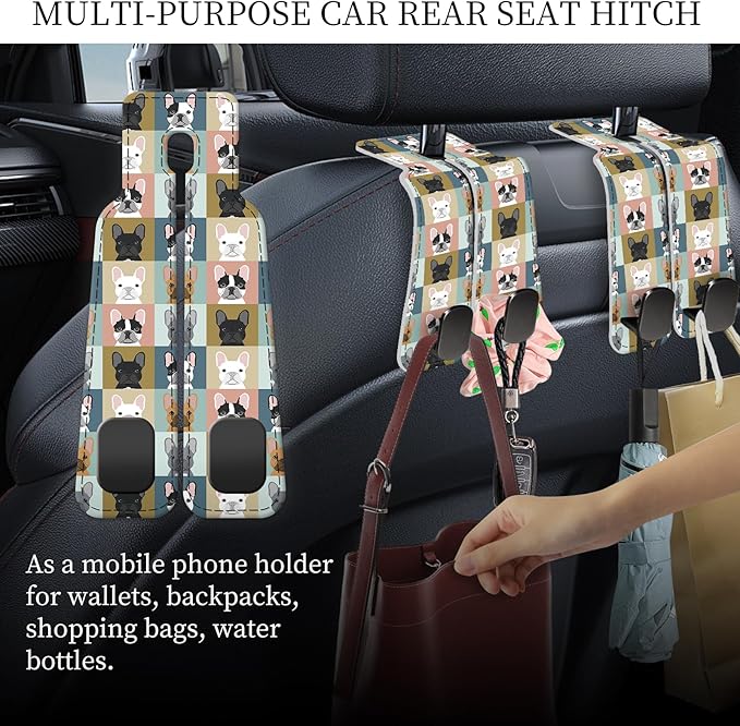 AXRQLSU PU Leather Car Seat Hook, Storage Headrest Hanger, Cute Car Backseat Organizer, Car Hooks for Purses and Bags Dog Faces