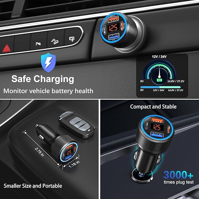 65W USB C Car Charger for iPhone 17/Air/16e/16 Pro Max Plus, 4-Port Dual 12V USB-C&USB-A QC/PD 3.0 Fast Charging Car Charger Cigarette Lighter Adapter Voltmeter for iPhone,iPad,Galaxy+2X USB C Cable