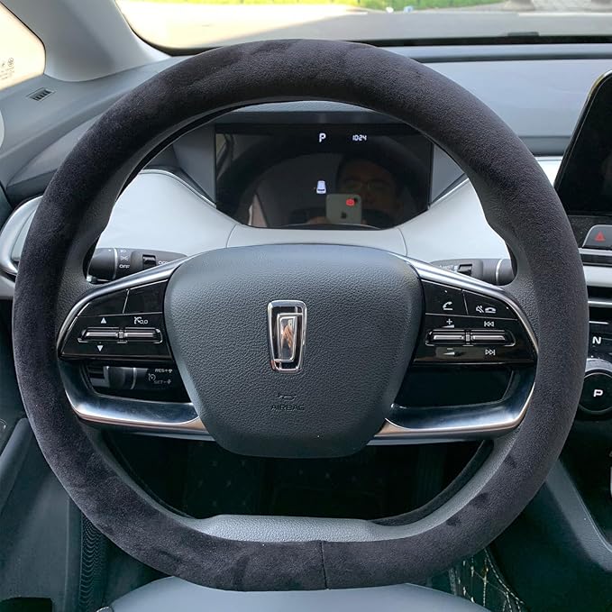 D Shape Fluffy Steering Wheel Cover, Short Plush Auto Accessories for Men and Women with Inner Ring Universal 15 Inch (D-Shape Black)