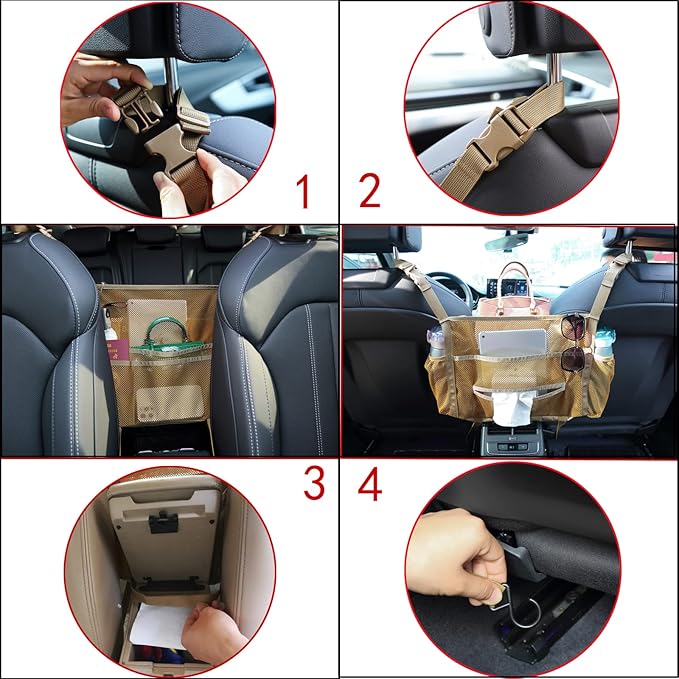 Car net Pocket Handbag Holder, car Purse Holder can be Used to Store Items, Protective Barrier for Children and Pets in The Back seat of car, Helps to Drive Safely (Khaki)