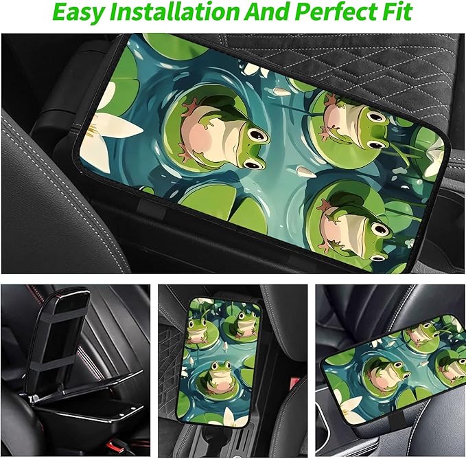 JANENFNA Car Armrest Cover Pads Universal Fashion Cute Auto Center Console Armrest Cover Pad with 2PCS Car Coasters Soft Waterproof Car Armrest Seat Protector for Women,Cute Frog on Lotus Leaf