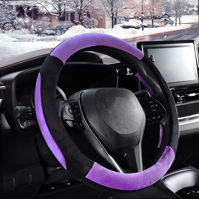 SEG Direct Steering Wheel Cover for Car, Standard Size 14.5-15 inch, Auto Interior Accessories, Plush Warm Velvet, Summer Winter, Purple