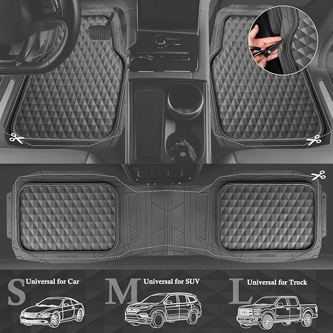 CAR PASS Heavy Duty Rubber Gray Car Floor Mats & Cargo Liners, Deep Dish All-Weather Trunk Mats Durable Anti-Slip 3D Rhombus Waterproof Trim to Fit Liner Universal Fit Auto,Sedan,SUV,Truck, Gray