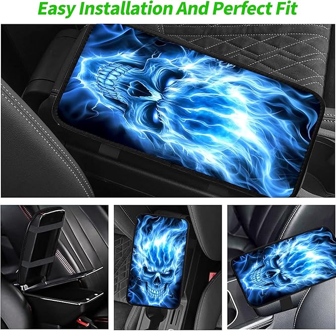 JANENFNA Car Armrest Cover Pads Universal Fashion Cute Auto Center Console Armrest Cover Pad with 2PCS Car Coasters Soft Waterproof Car Armrest Seat Protector for Women,Blue Flame Skull ABC
