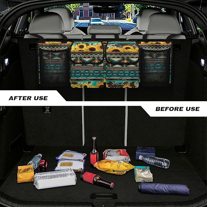 CLOHOMIN Aztec Tribal Trunk Organizer for Car Women Sunflower Car Organizer Backseat Hanging Storage Bag for SUV Vehicle Sedan Truck Foldable Car Cargo Storage Organizer