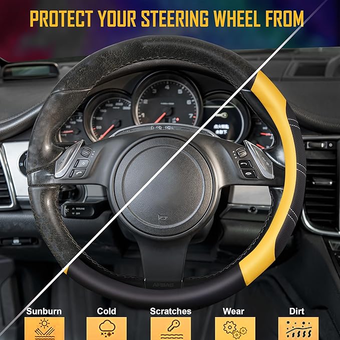 CAR PASS Line Rider Microfiber Leather Sporty Steering Wheel Cover Universal Fits for 95% Truck,SUV,Cars,14.5-15inch Anti-Slip Safety Comfortable Desgin (Black-Yellow)