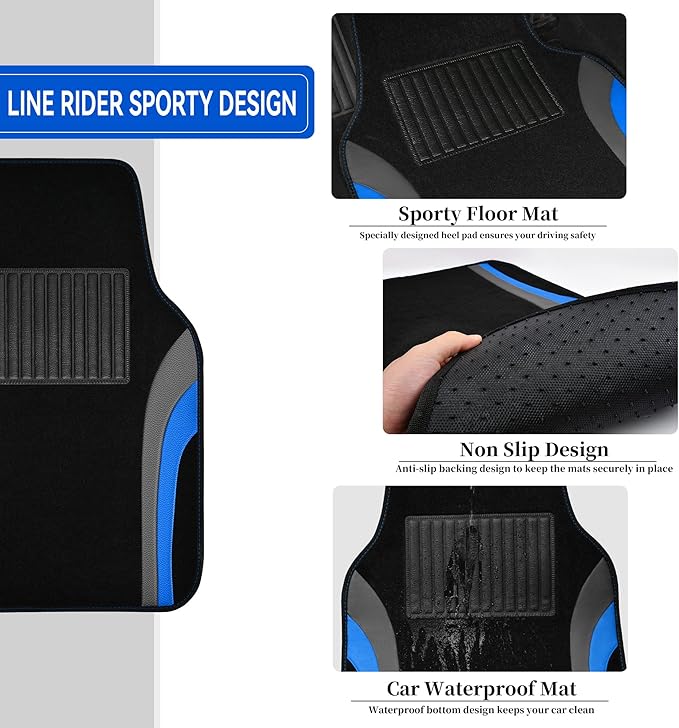 CAR PASS Leather Sporty Car Floor Mats Carpet, Universal Waterproof Automotive Floor Mat Fit for Sedans, Cars, Mid Trucks, Vans, SUV, Set of 4 (Black and Blue)