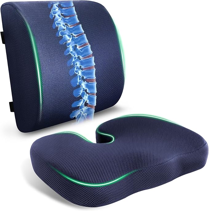 FuturaLoom Charcoal Memory Foam Seat Cushion & Adjustable Lumbar Pillow Set - Back Support for Pain Relief (Sciatica,Tailbone),Washable & Non-Slip,Multipurpose for Office,Car,Wheelchair - Navy Blue