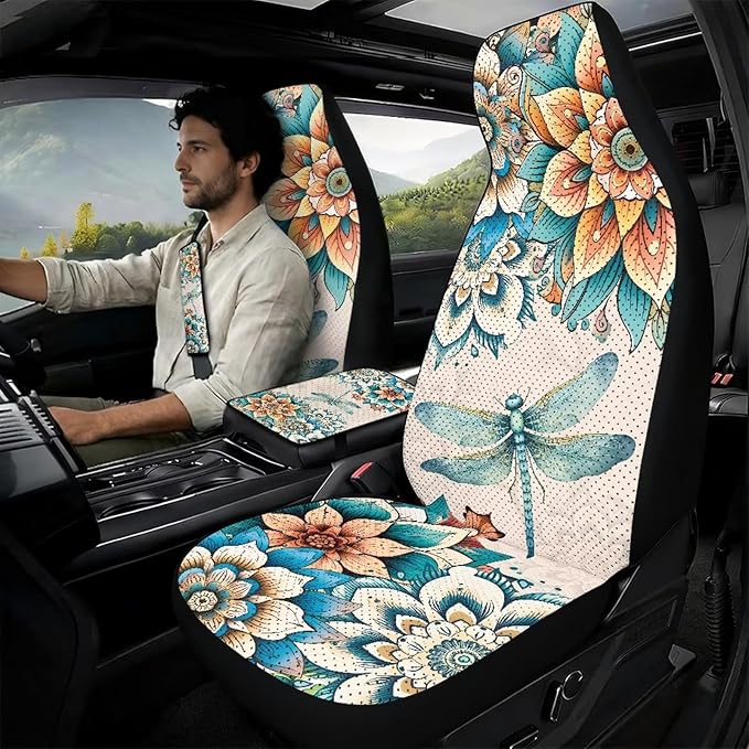 Psesaysky 5-Piece Car Accessories Set, Boho Flower Dragonfly Universal Fit PU Leather Seat Covers with Seatbelt Pads and Armrest Cover for Cars, Trucks, SUVs, Vehicle Decor
